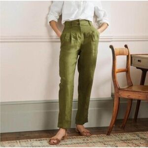 Boden Green Turn-Up Pleated Linen Trousers Pants Size 14R